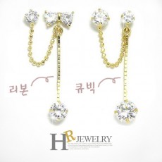 14K 리본 큐빅 투핀 귀걸이(택일)-1pcs