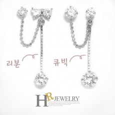 14K 화이트 리본 큐빅 투핀 귀걸이(택일)-1pcs